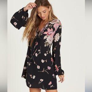 Billabong Pretty Please Black Long Sleeve Floral Mini Dress Sz S